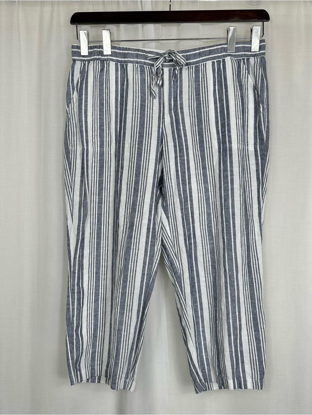 Liz Claiborne Linen Cotton Striped Cropped Pants XL Drawstring Coastal Beachy